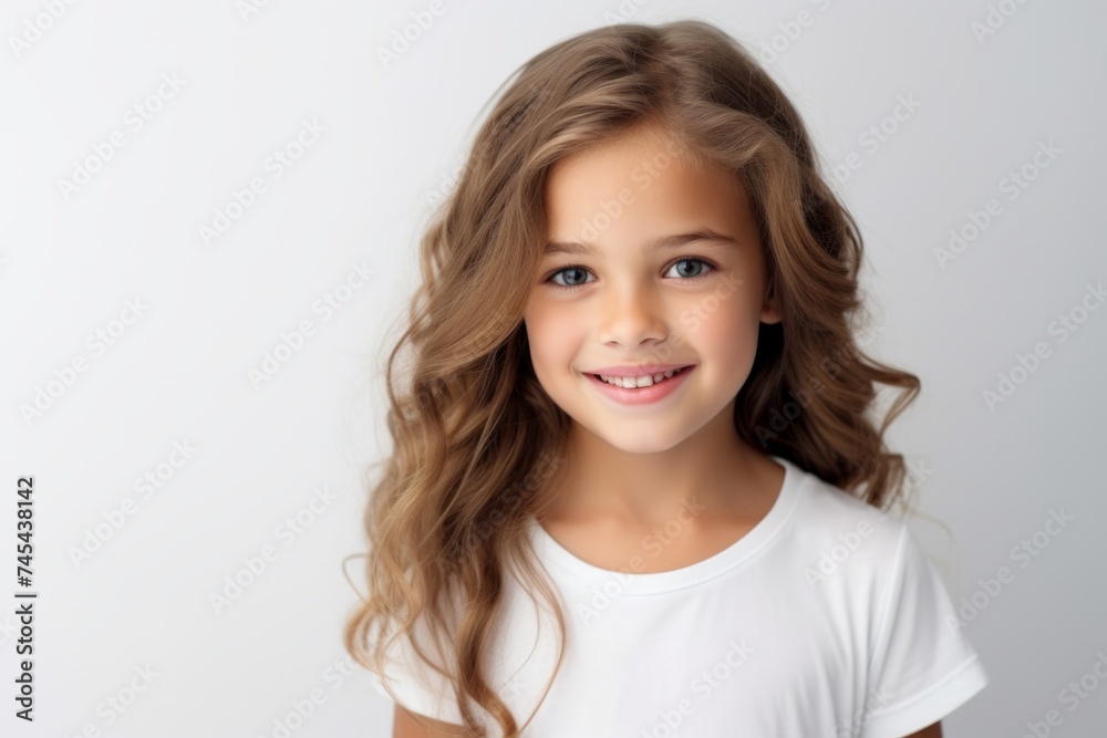 Portrait of a cute little girl with long curly hair on a gray background Portrait of a cute little girl with long curly hair on a gray background