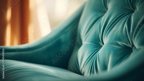 Blue Velvet Armchair with Tufted Backrest and Armrests

