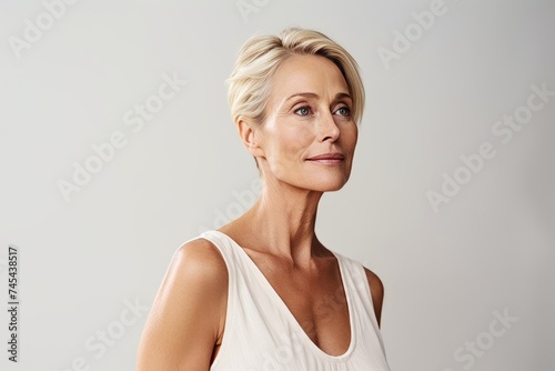 Portrait of a beautiful mature woman with short blond hair looking at camera