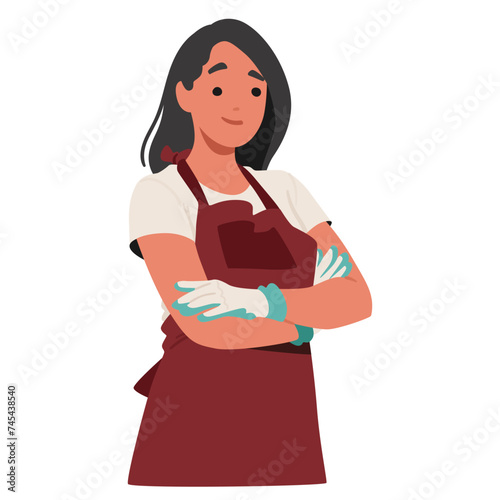 Confident Woman Stands With Crossed Arms, Donning An Apron And Garden Gloves, Ready For A Day Of Gardening