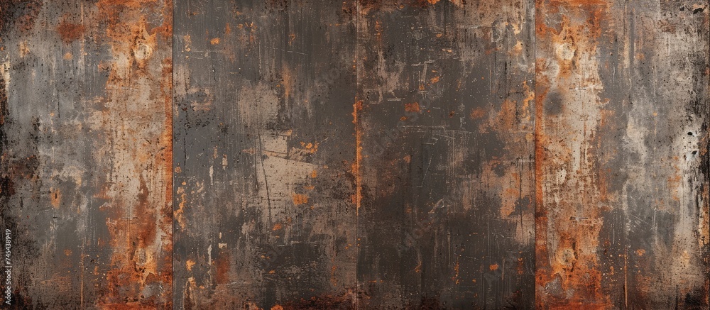 A weathered metal surface covered in rust creates a textured background, with a distinctive horizontal stripe cutting across the frame. The rust adds character and depth to the composition.
