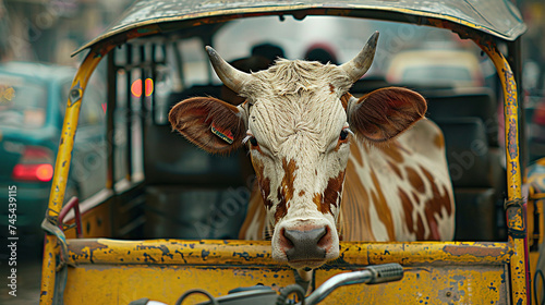 a cow in an auto rickshaw, on asian roads   photo