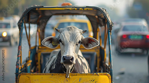 a cow in an auto rickshaw, on asian roads   photo