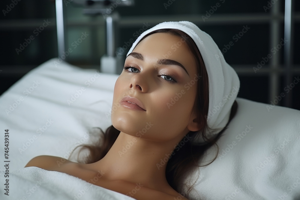 Young woman with towel on head relaxing after facial massage in clinic an aesthetic medicine Young woman with towel on head relaxing after facial massage in clinic an aesthetic medicine