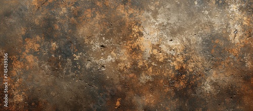 A weathered brown and black wall covered in patches of rust, showcasing the effects of time and neglect. The rust creates a textured and aged appearance on the walls surface. photo