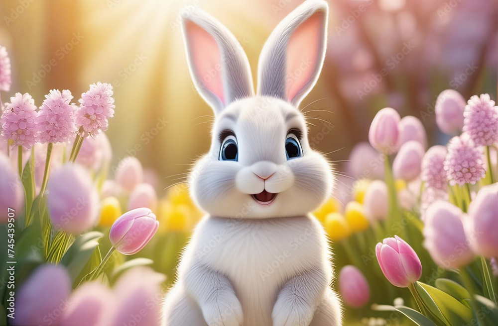 easter bunny on natural background, spring flowers and easter eggs in basket, sun rays, easter holiday card easter bunny on natural background, spring flowers and easter eggs in basket, sun rays, easter holiday card