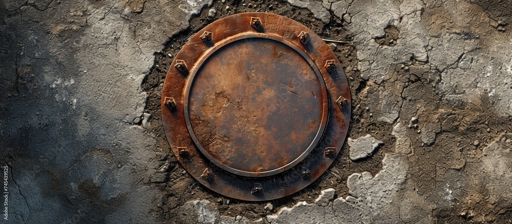A rusted metal plate is securely mounted to the side of a weathered wall, showcasing the effects of time and decay on the materials. The plate appears worn and aged, with visible signs of corrosion