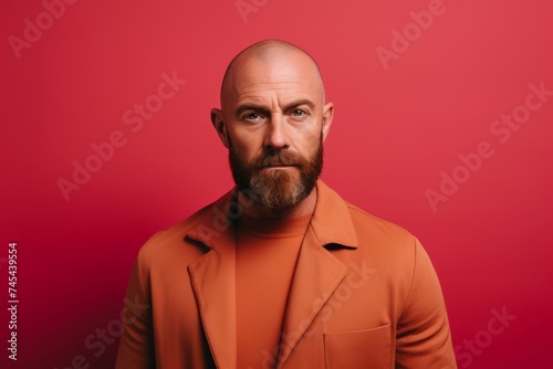 Portrait of a bearded man in a orange jacket on a red background. © Asier