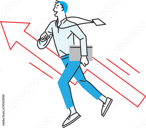 横顔の男性ー上に向かう矢印ー成功ー喜びながら走る男性ービジネスマンー白バックイラストベクター素材