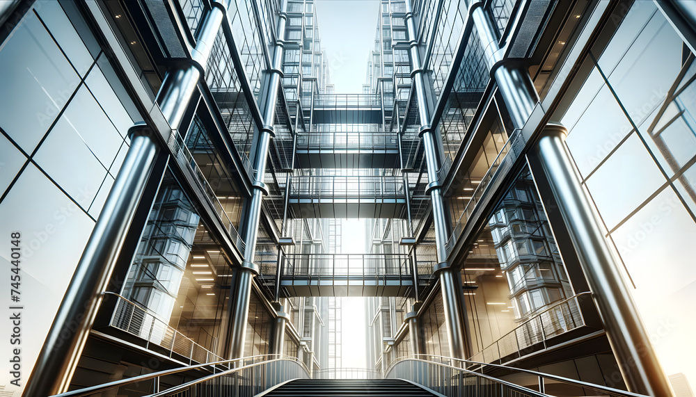 Obraz premium Symmetrical view of a modern pedestrian bridge connecting sleek office buildings