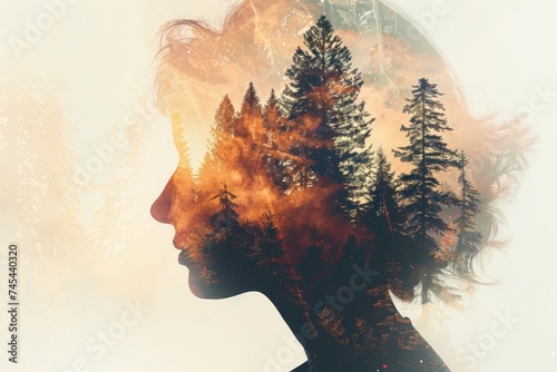 A silhouette of a person's profile overlaid with a forest landscape in a double exposure
