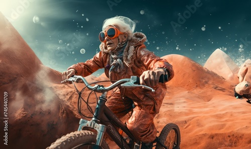 A futuristic depiction shows an elderly woman cycling across the surface of the moon, blending imagination, exploration, and the concept of space-age transportation.Generated image