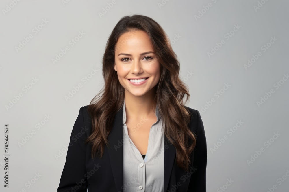 Portrait of happy smiling young business woman, over grey background. Portrait of happy smiling young business woman, over grey background.