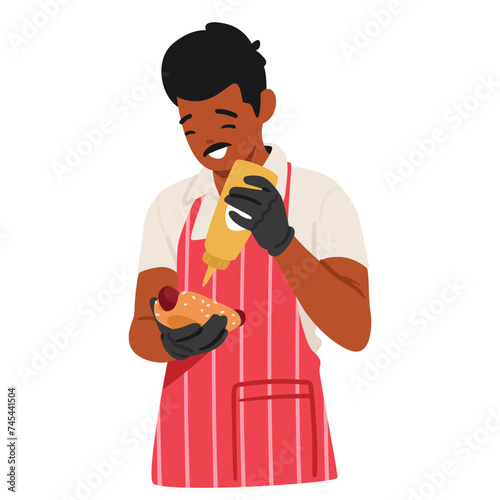 Energetic Salesman Character Expertly Crafts Hot Dogs, Generously Squeezing Golden Mustard. His Sizzling Creations