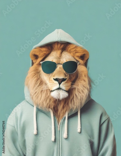 lion wearing sunglasses and a hooded sweatshir