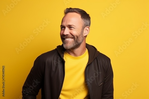 Portrait of a handsome middle aged man laughing over yellow background.