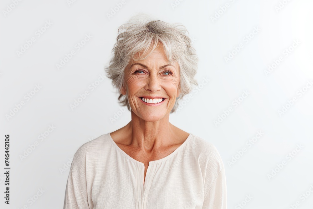Portrait of a happy senior woman smiling at camera against white background Portrait of a happy senior woman smiling at camera against white background