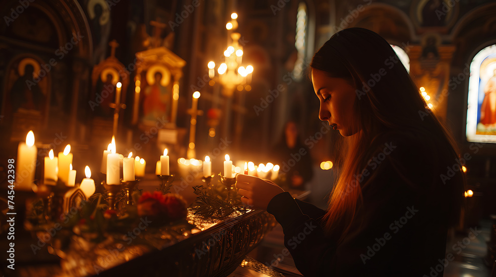 Mulher acendendo vela em altar em igreja escura com ícones religiosos em primeiro e segundo plano
