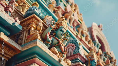 Templo hindu vibrante e colorido com esculturas e entalhes intricados sob um céu azul claro