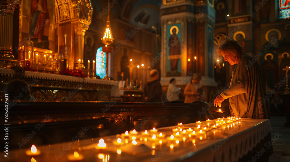 Mulher acendendo vela em altar em igreja escura com ícones religiosos em primeiro e segundo plano - obrazy, fototapety, plakaty 