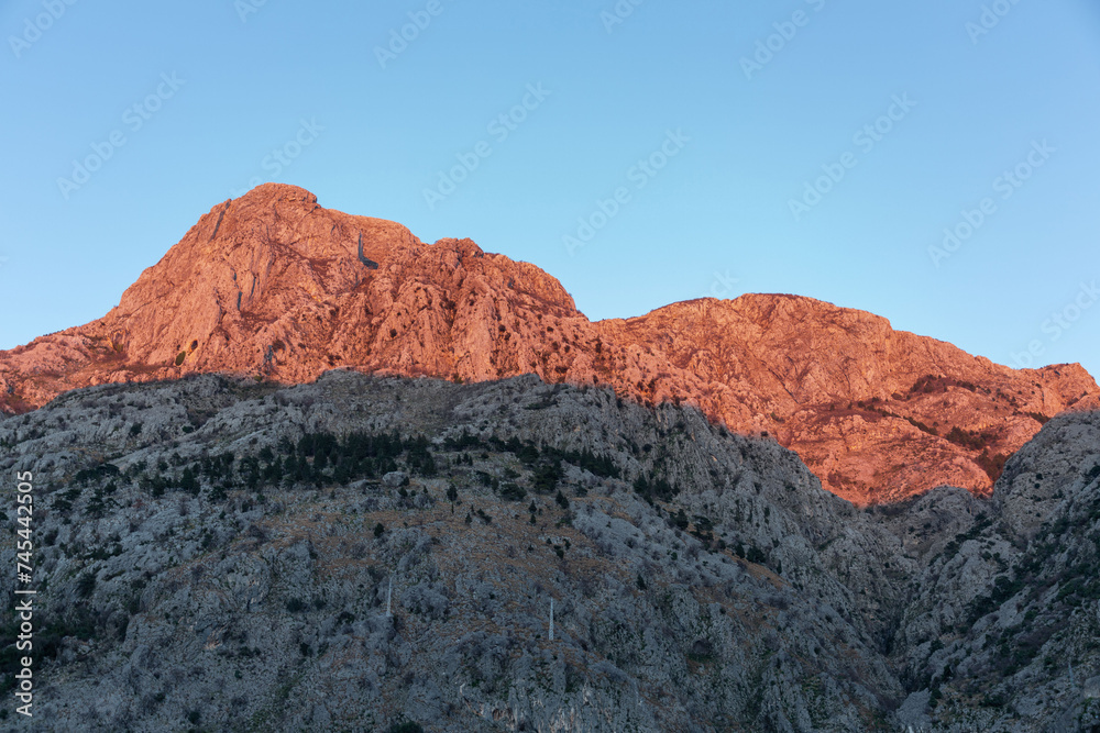mountain view from the Kotor Bay, Montonegro  in the sunset