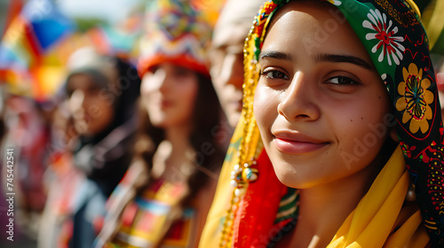 Cena vibrante pessoas de diferentes culturas e religiões em desfile multicultural com trajes coloridos bandeiras e decorações festivas
