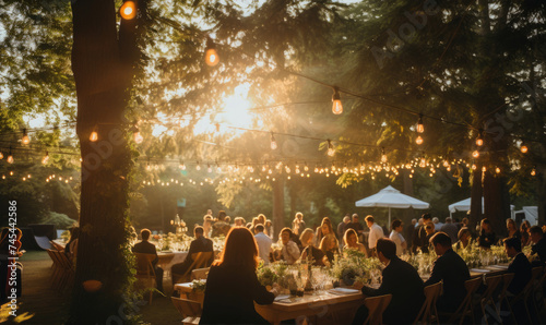 Wedding outdoor celebration after bride ceremony. Happy wedding day at green exterior