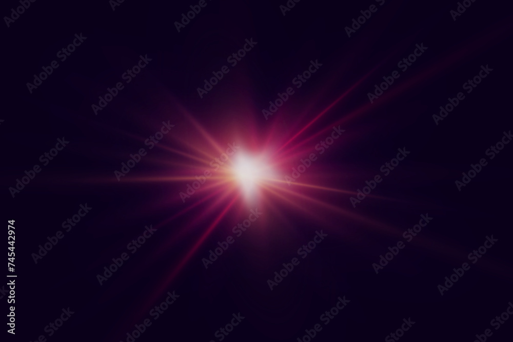 Bright red star effect and glare of light. Explosion of a star with rays of light.