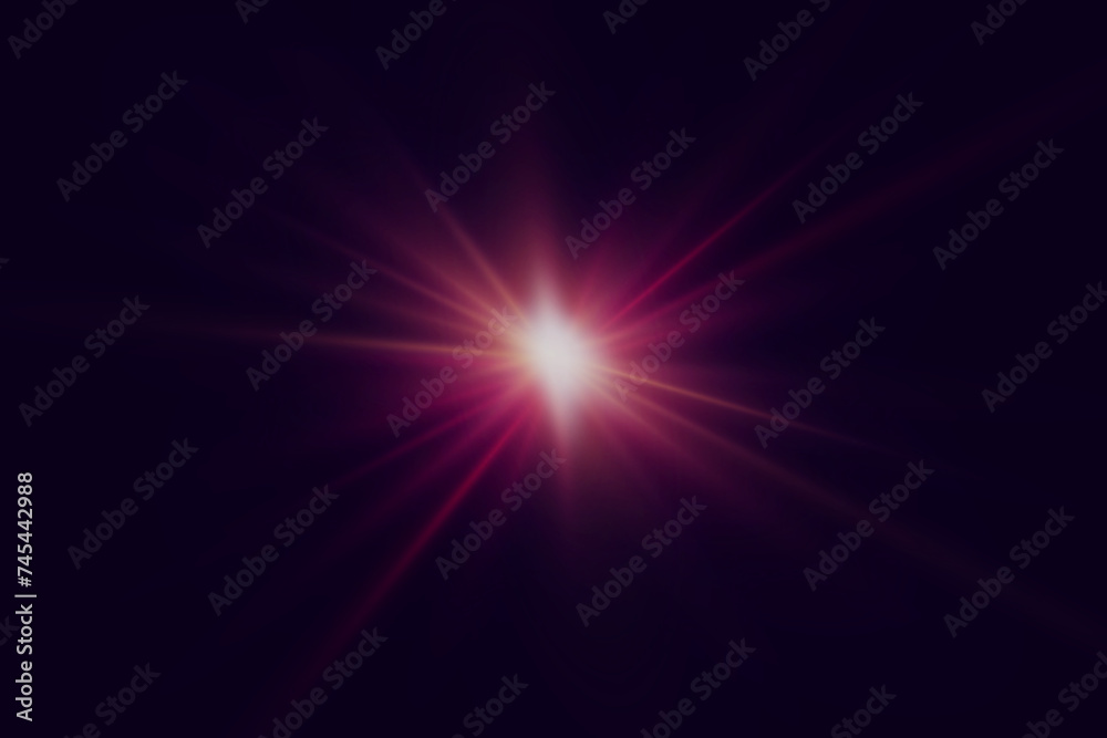 Bright red star effect and glare of light. Explosion of a star with rays of light.