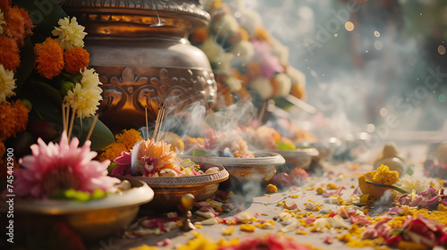 Cerimônia de Puja Hindu Tradicional Ofertas de Flores Frutas e Incenso em Altar Decorativo photo
