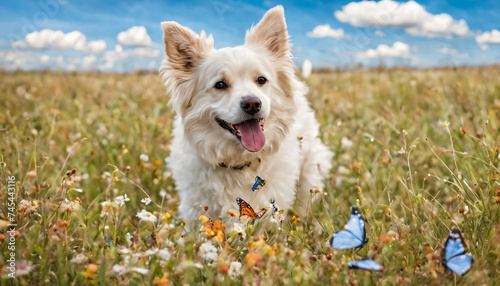 a white dog playing with butterflies in a meadow full of beautiful flowers