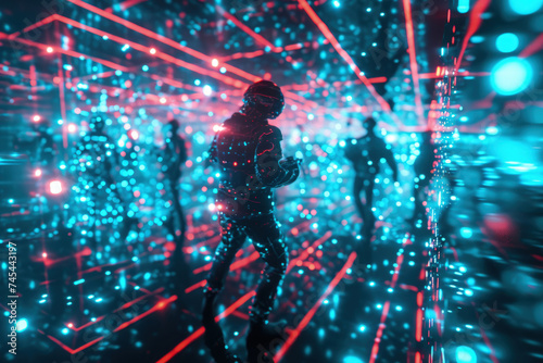 Futuristic Cybersecurity: People in Cyber Suits Guarding Virtual Cyberspace with Neon Meshes and Data Streams