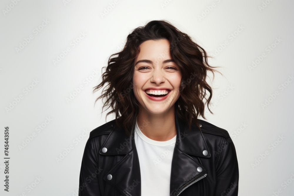 Portrait of a laughing young woman in leather jacket on grey background Portrait of a laughing young woman in leather jacket on grey background