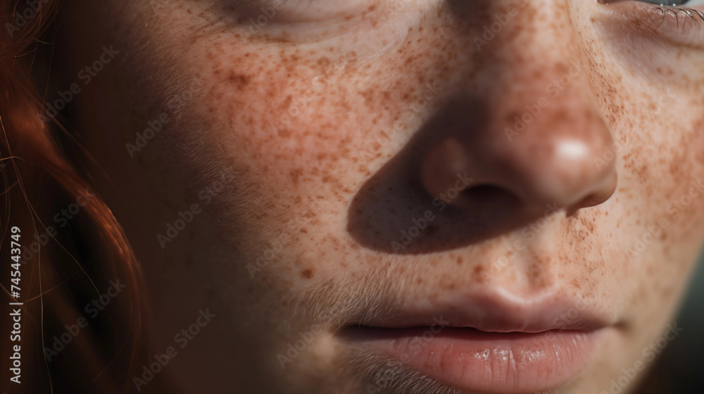 Fototapeta premium Young Woman with Freckles and Problematic Moles Close Up