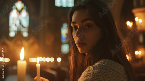 Jovem mulher acendendo vela em igreja com vitrais coloridos iluminando ambientes com luz suave e colorida photo