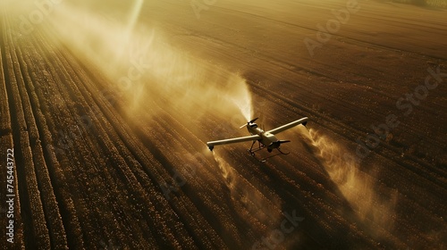 Agriculture drone fly and spray fertilizer on fields.