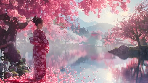 Asian woman in kimono in scenic cherry blossom garden, sakura in Japan.