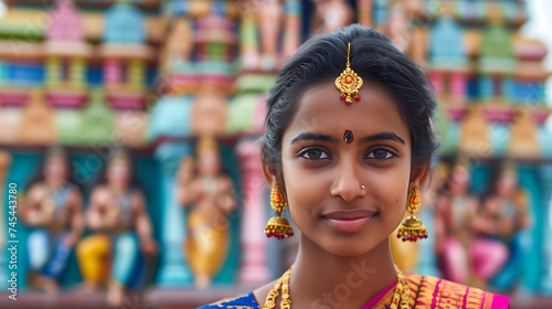 ***Título*** Mulher em traje tradicional sorrindo em frente a um templo hindu colorido com símbolos religiosos vibrantes e entalhes intrincados