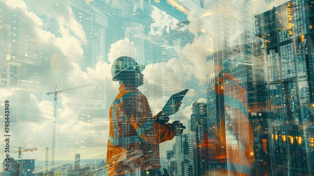 Double exposure image of construction worker with tablet computer and wearing construction uniform against the background of surreal construction site in the city. - obrazy, fototapety, plakaty 