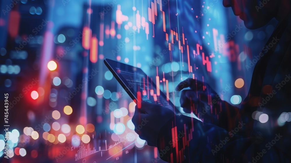 Double exposure of businessman using the tablet with cityscape and financial graph on blurred building background, Business Trading concept - obrazy, fototapety, plakaty 