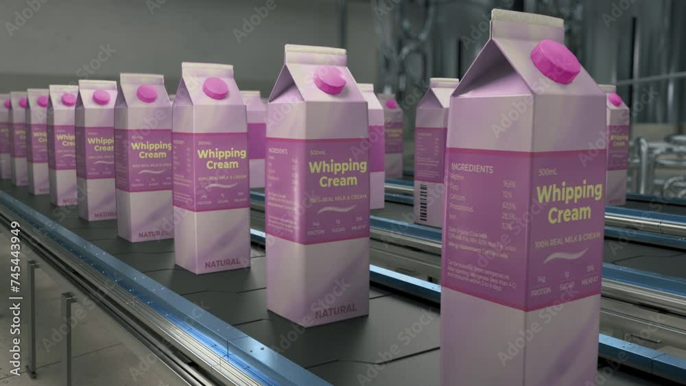 Conveyor machine transporting the whipping cream product in purple