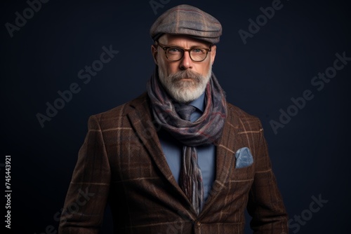 Portrait of a senior man wearing a hat, scarf and glasses. © Asier