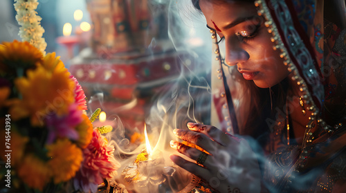 Jovem mulher iluminando uma vela em um pequeno santuário decorado com flores e incenso em suave luz natural