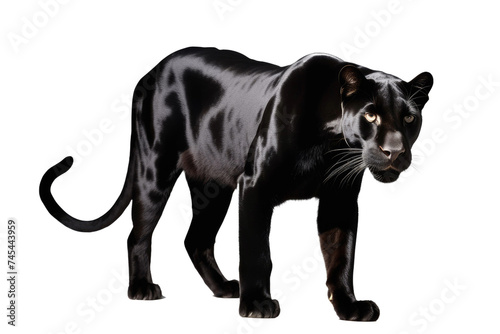 a high quality stock photograph of a single happy black panther full body isolated on a white background