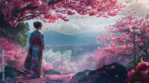 Asian woman in kimono in scenic cherry blossom garden, sakura in Japan.
