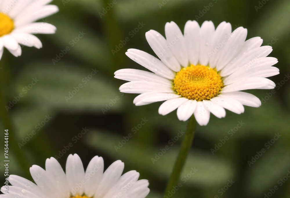 Close up of a white daisy with a yellow center against a green background with soft focus white generative AI Close up of a white daisy with a yellow center against a green background with soft focus white generative AI