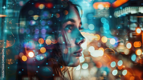 Double exposure portrait of attractive young girl with night city
