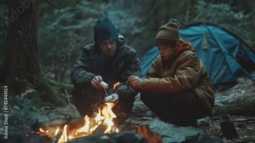 Father and son roast marshmallow candies on the campfire in forest. Spring or autumn camping