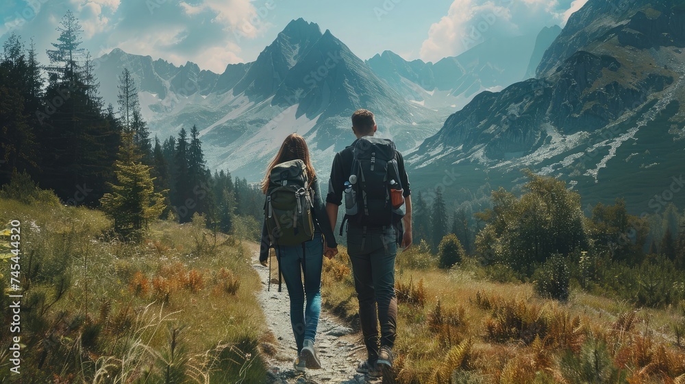 Man and woman hikers trekking in mountains. Young couple walking with backpacks in forest, Tatras in Poland. Old vintage photo style
