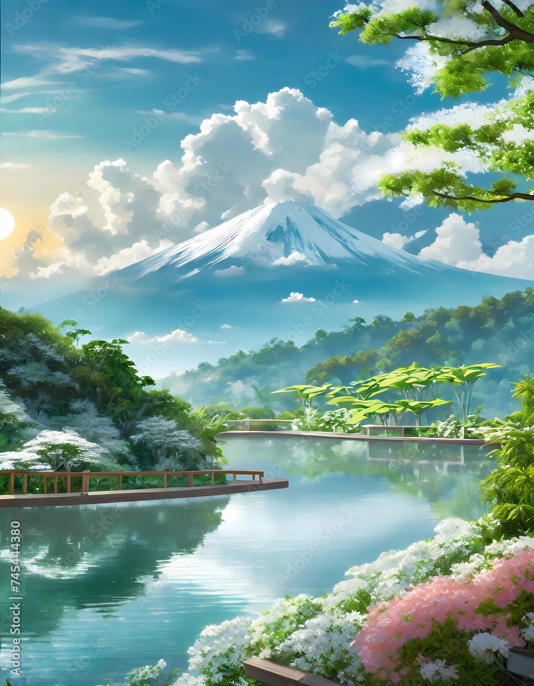 Naklejka premium idyllic and picturesque landscapes featuring mountains, lakes, and a variety of flora in full bloom